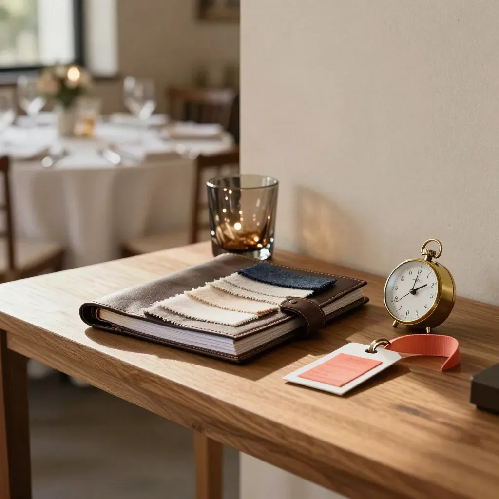 Planner, swatches, taper holder and timer on a venue console in warm afternoon light.