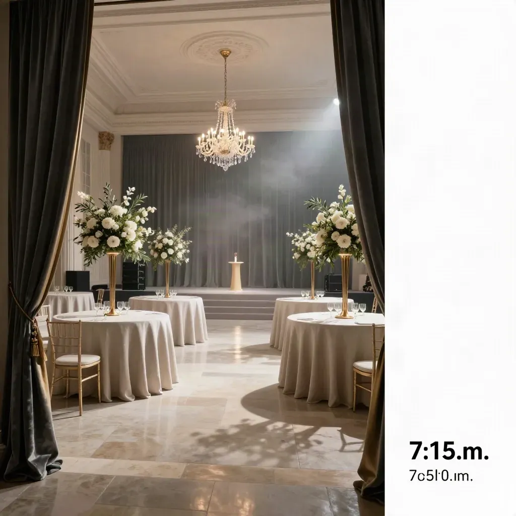 Empty London ballroom reveal with dressed round tables, stage risers and floral plinths in soft morning light