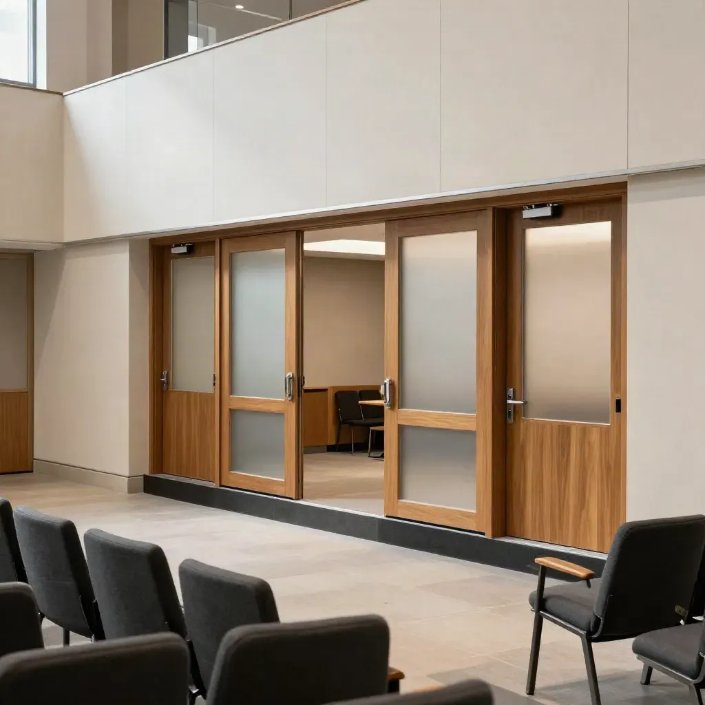 Empty Manchester conference hall with breakout doors, stage, and aligned seating