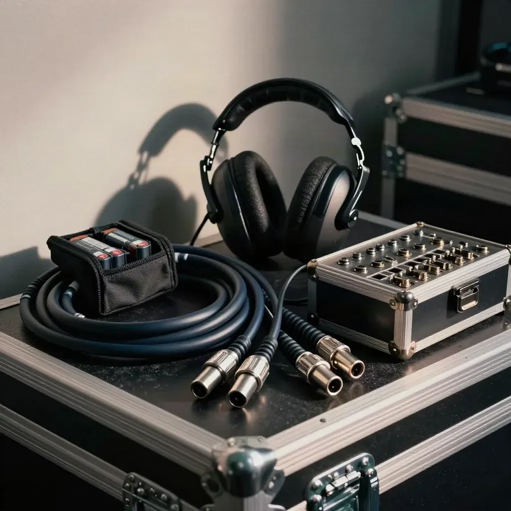 Coiled XLR leads, headset, batteries and patch case on a road case in moody light