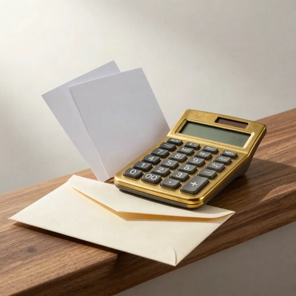 Brass calculator, venue cards, and cream envelope on a walnut ledge in soft light