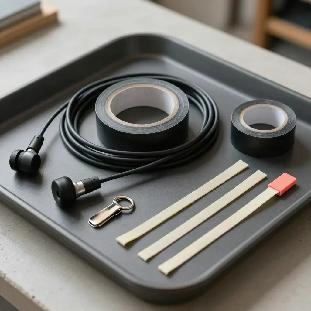 Overhead tray with coiled earpiece cable, tape, clips and cable ties.