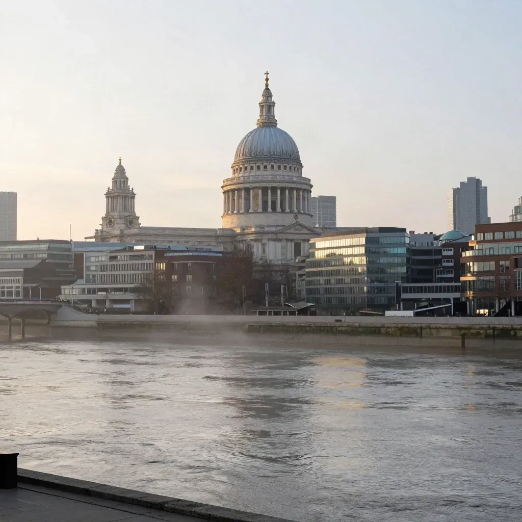 Thames skyline at dawn with St Paul’s softened by haze above a calm river.